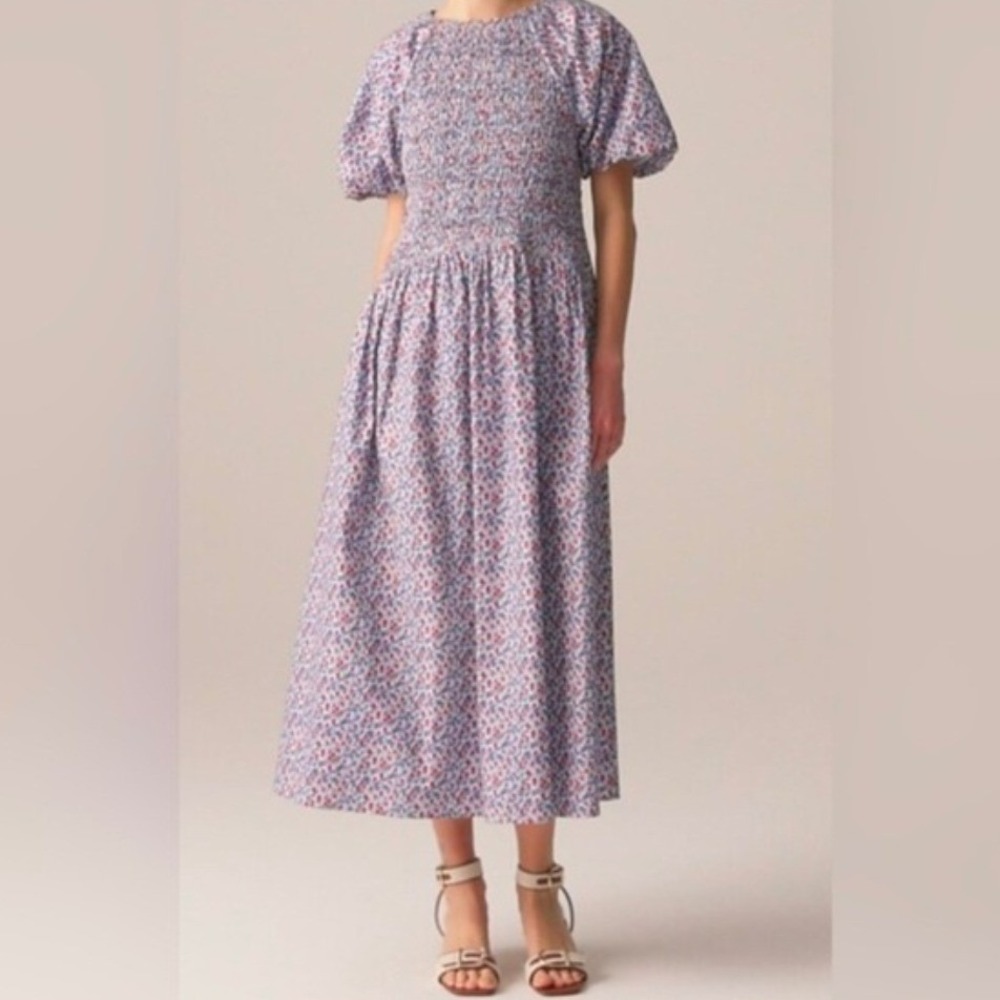 J. Crew Floral Smocked Puff Sleeve Maxi Dress Red Blue White Size Large Tall